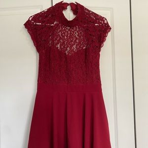 Deep red skater dress with lace top.